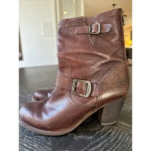 FRYE Veronica Short Boots Women Distressed Brown Leather MOTO Engineer Buckle 9